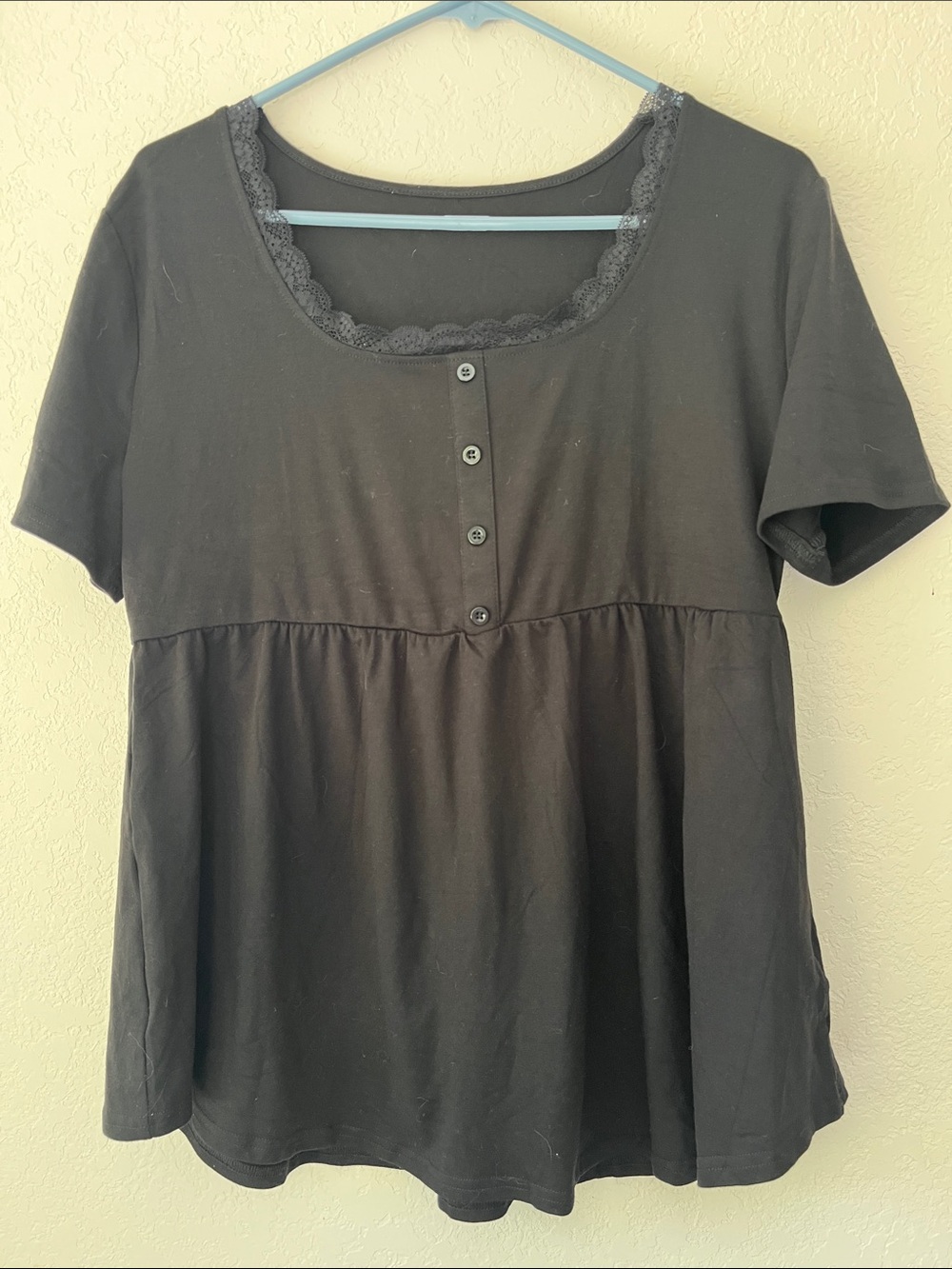 Women’s Black Short Sleeve Lace-Trim Henley Top